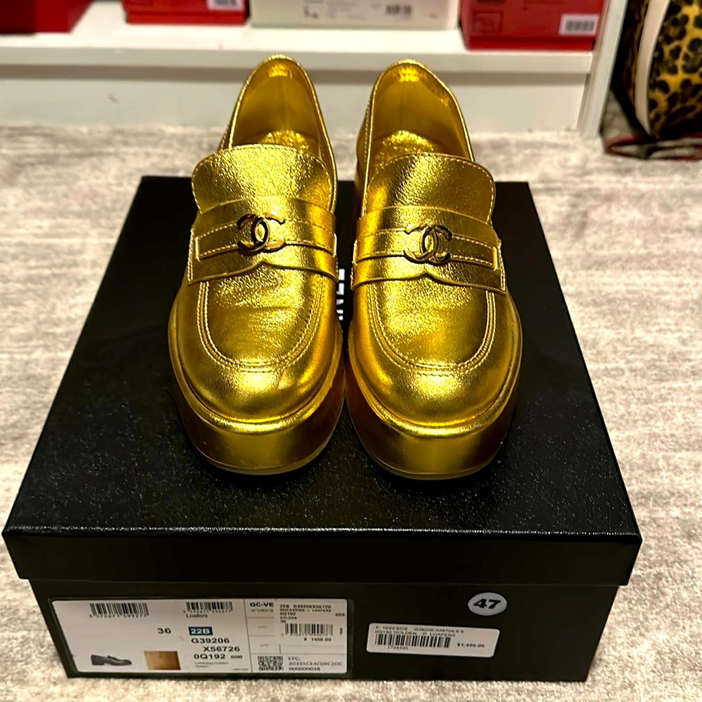 BRAND NEW never worn Chanel gold leather loafers, size 6!